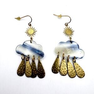 Handmade Cloud Raindrops Earrings Blue Gold Lucite Brass Star Dangle Drop Boho